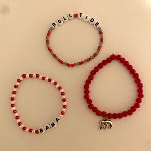 Red and white Roll Tide, Bama, and Elephant beaded bracelets